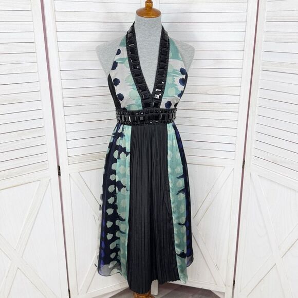 Zara Beaded Silk Pleated Multi Pattern Fit Flare Halter Dress Black Teal Medium - Picture 1 of 15